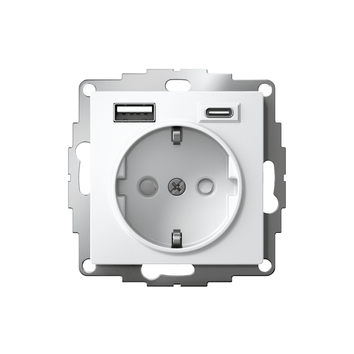 Розетка электрическая 16А с двумя портами USB Type-A и Type-C, быстрая зарядка, Systeme Electric AtlasDesign, белый цвет - вид прямо