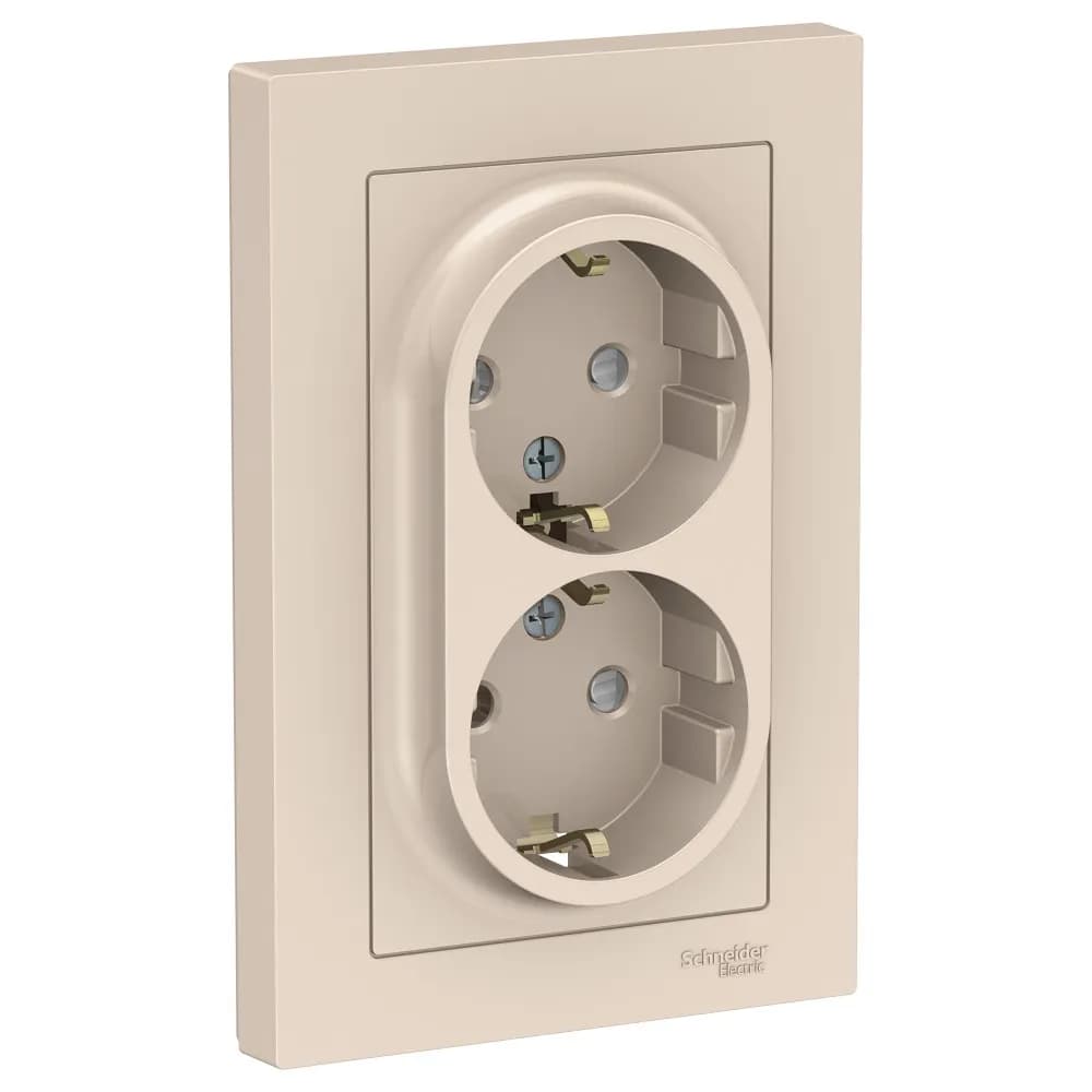 Розетка двойная Systeme Electric AtlasDesign ATN000226 бежевая с заземлением и защитными шторками