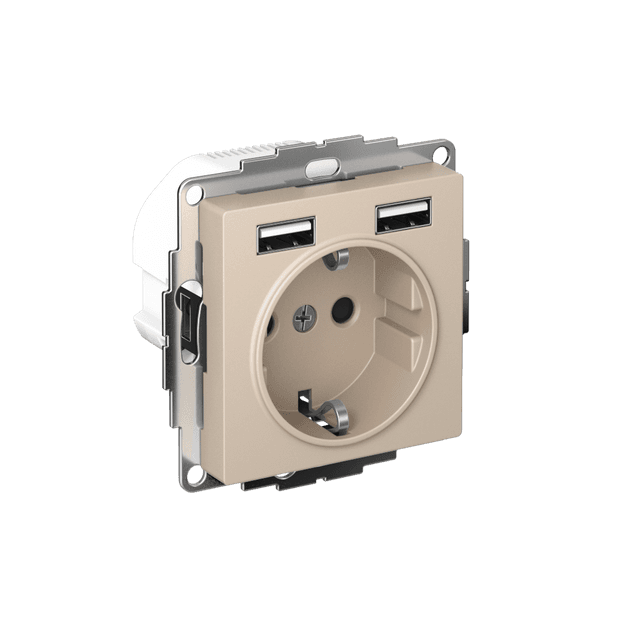 Розетка с заземлением защитными шторками и USB Type-A Schneider Electric AtlasDesign песочный ATN001230