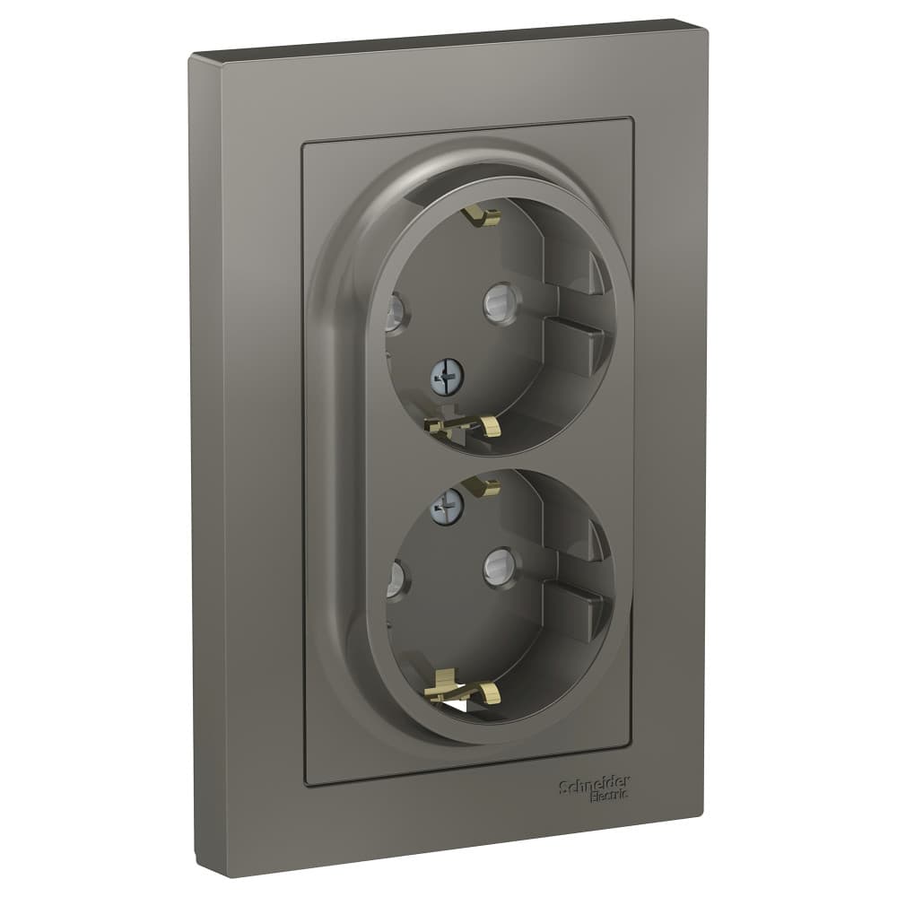 Розетка двойная с заземлением и защитными шторками Schneider Electric AtlasDesign сталь ATN000926