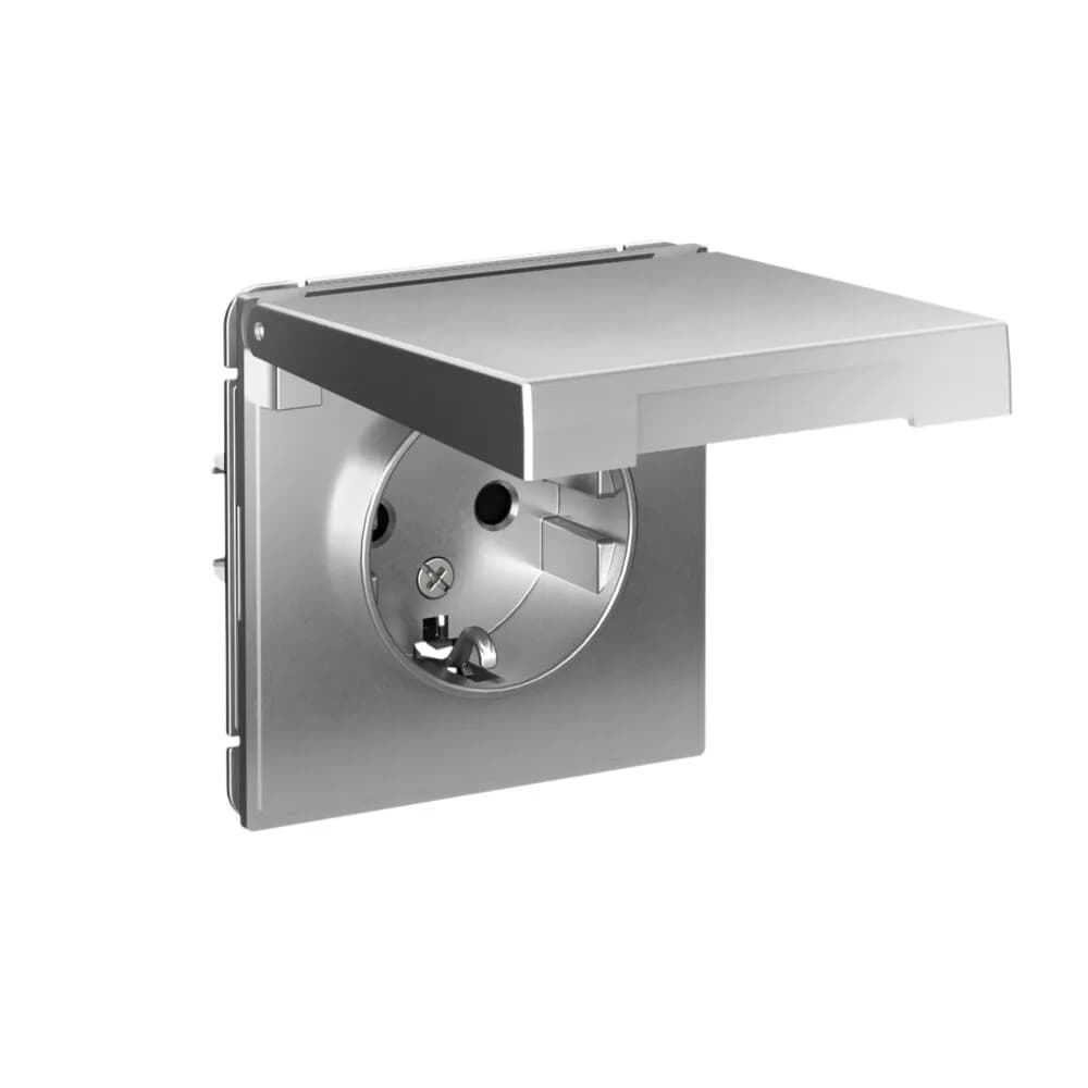 Дизайнерская влагозащищенная розетка с заземлением, шторками и крышкой Systeme Electric ArtGallery, цвет алюминий