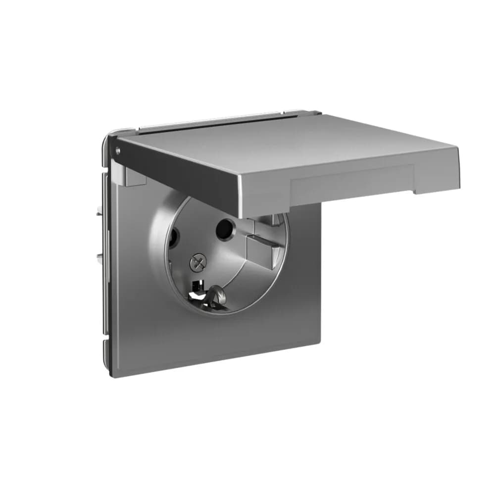Дизайнерская влагозащищенная розетка с заземлением, шторками и крышкой Systeme Electric ArtGallery, цвет сталь