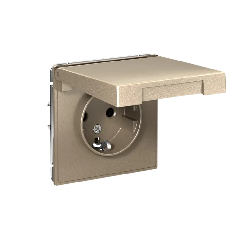 Дизайнерская влагозащищенная розетка с заземлением, шторками и крышкой Systeme Electric ArtGallery, цвет шампань
