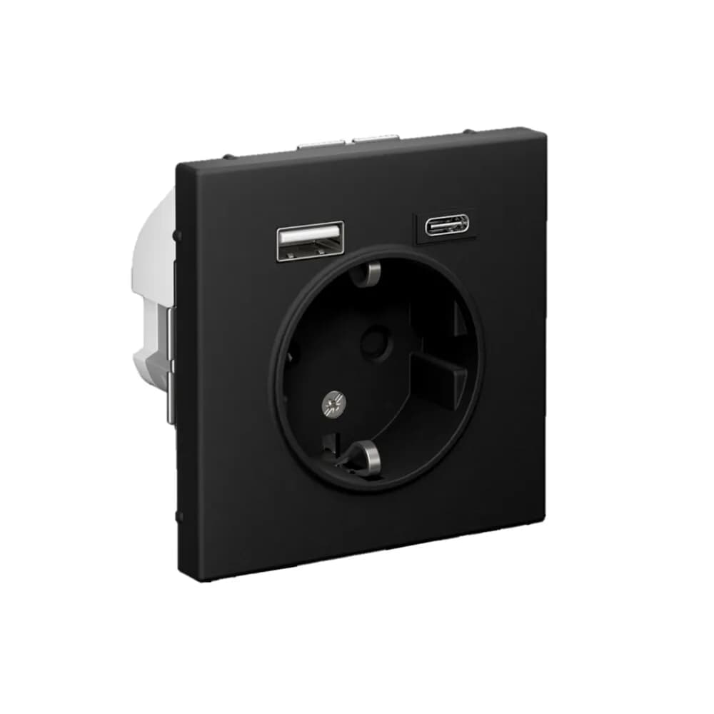 Дизайнерская розетка Systeme Electric ArtGallery с заземлением, защитными шторками и портами USB Type-A, Type-C, цвет карбон