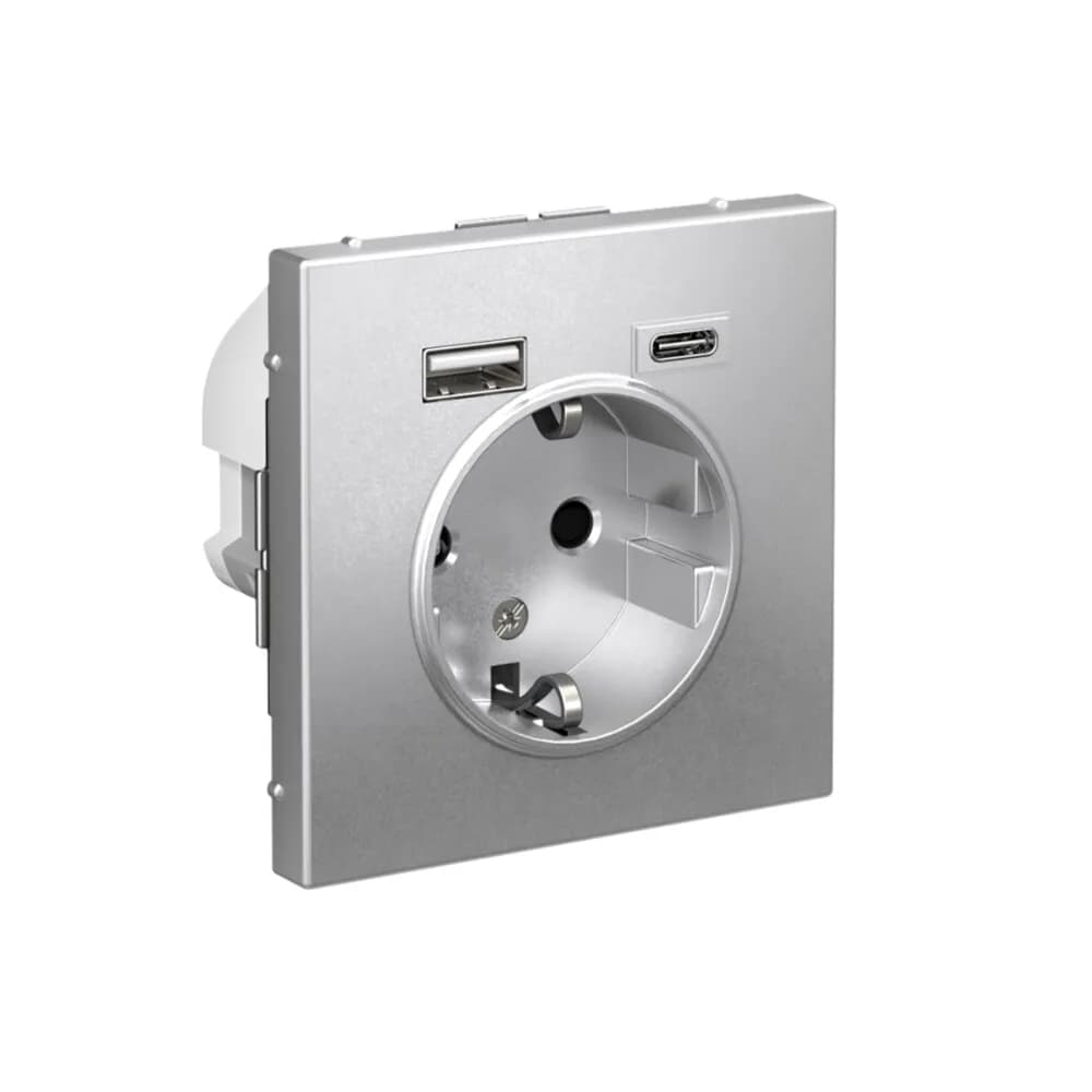 Дизайнерская розетка Systeme Electric ArtGallery с заземлением, защитными шторками и портами USB Type-A, Type-C, цвет алюминий
