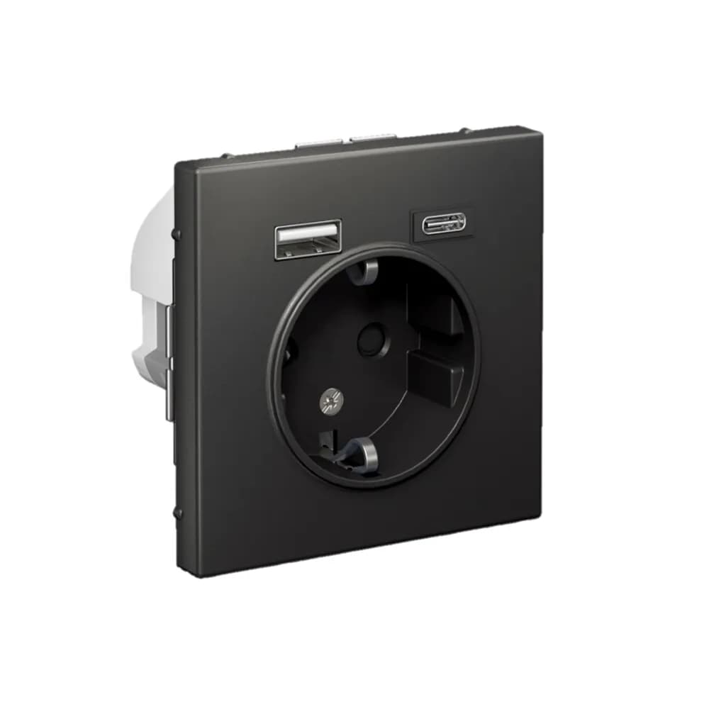 Дизайнерская розетка Systeme Electric ArtGallery с заземлением, защитными шторками и портами USB Type-A, Type-C, цвет базальт
