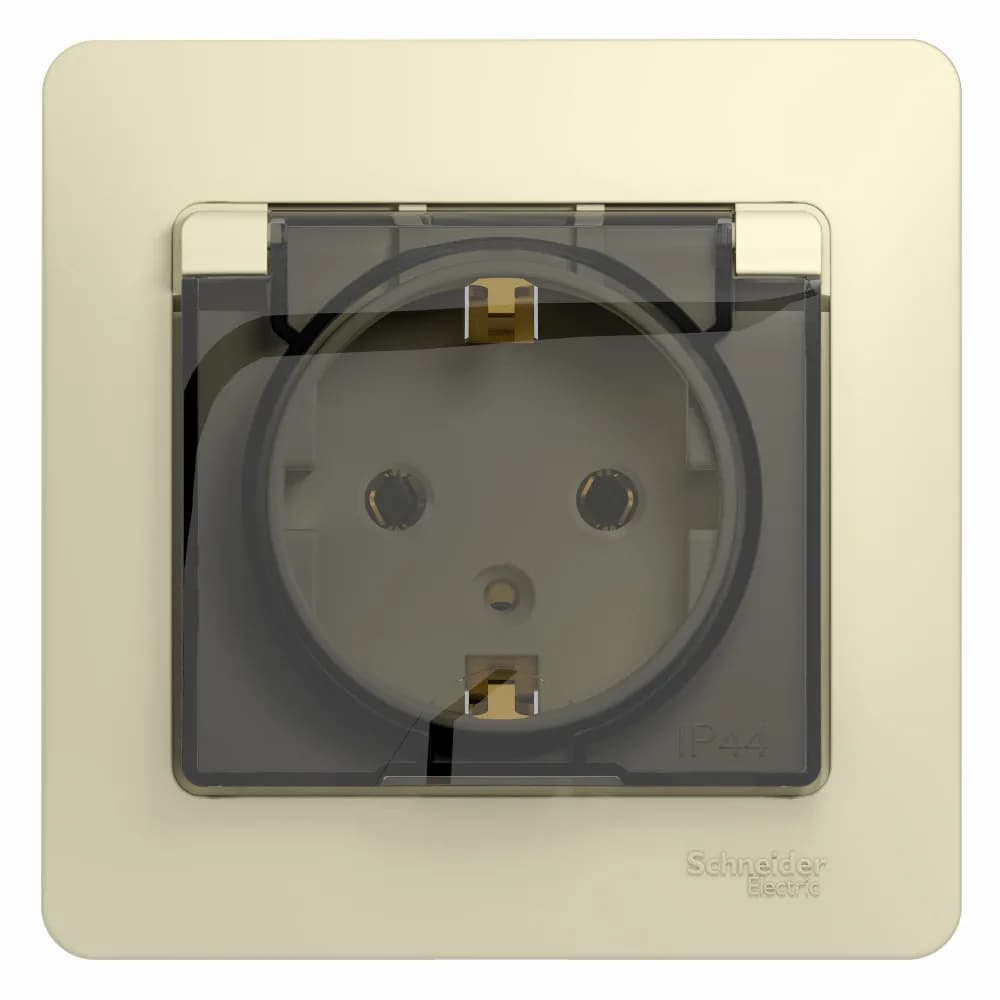 Розетка силовая с заземлением, защитными шторками, крышкой и рамкой Systeme Electric (Schneider) Glossa, цвет бежевый