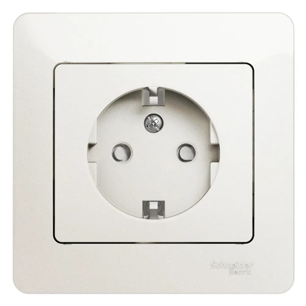 Розетка силовая с заземлением, защитными шторками и рамкой Systeme Electric (Schneider) Glossa, цвет перламутр