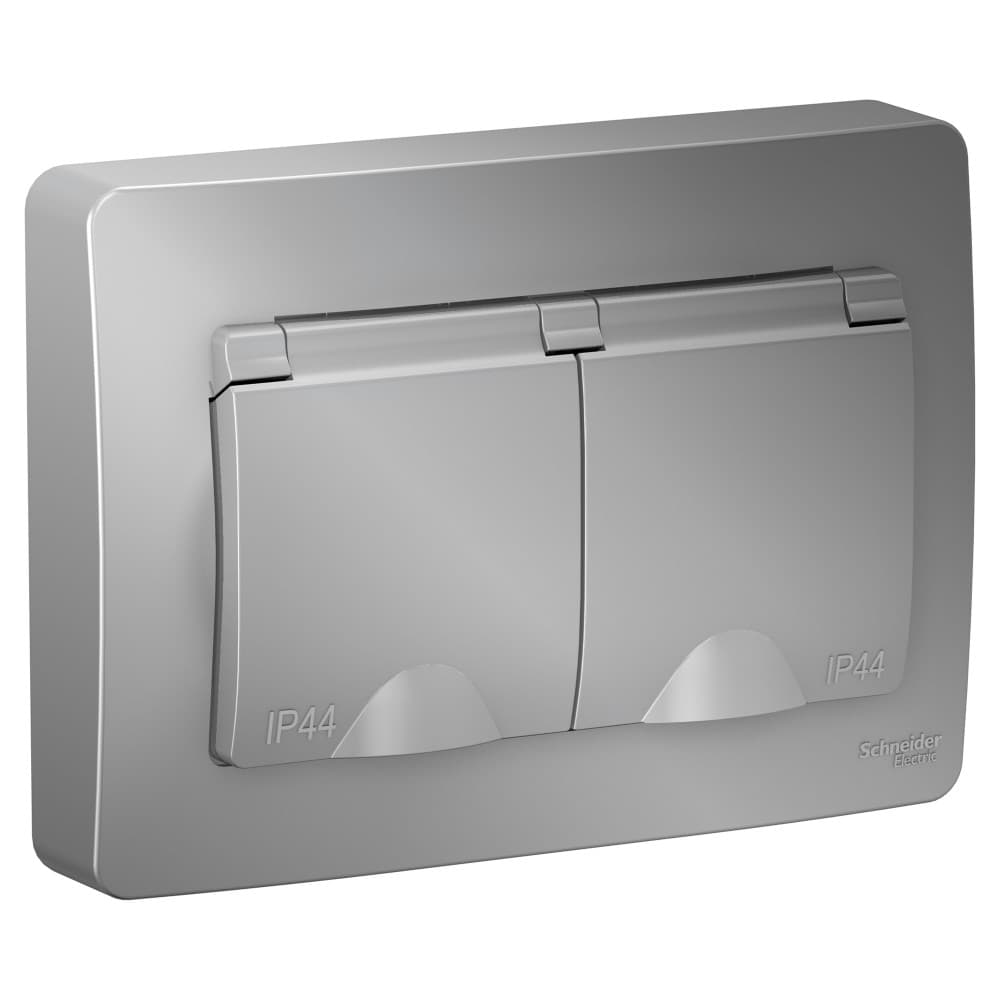 Розетка двойная с крышкой и защитными шторками Schneider Electric Blanca алюминий BLNRS441123