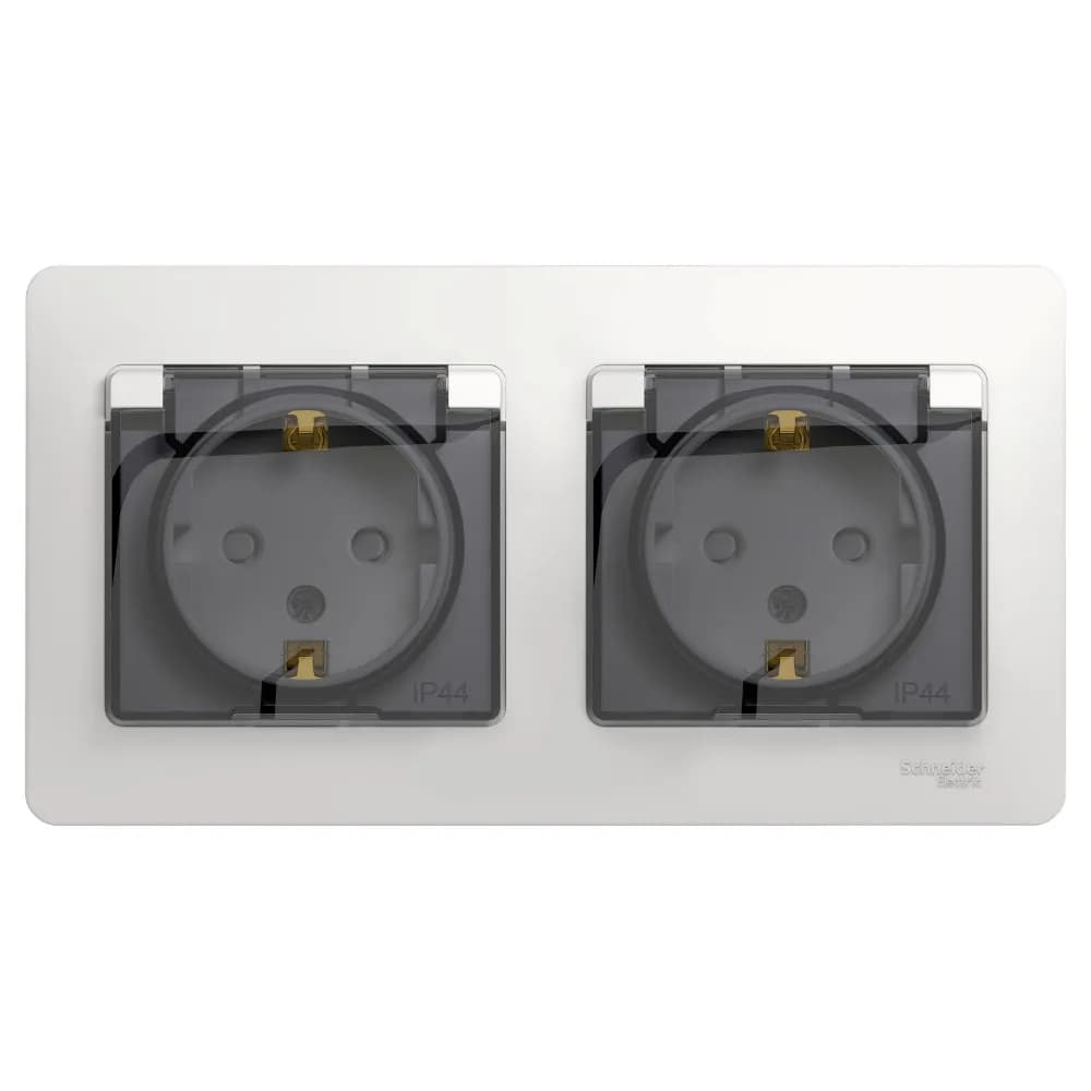 Розетка двойная силовая с заземлением, защитными шторками, крышкой и рамкой Systeme Electric (Schneider) Glossa, цвет белый