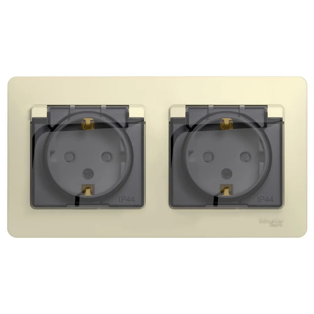 Розетка двойная силовая с заземлением, защитными шторками, крышкой и рамкой Systeme Electric (Schneider) Glossa, цвет бежевый