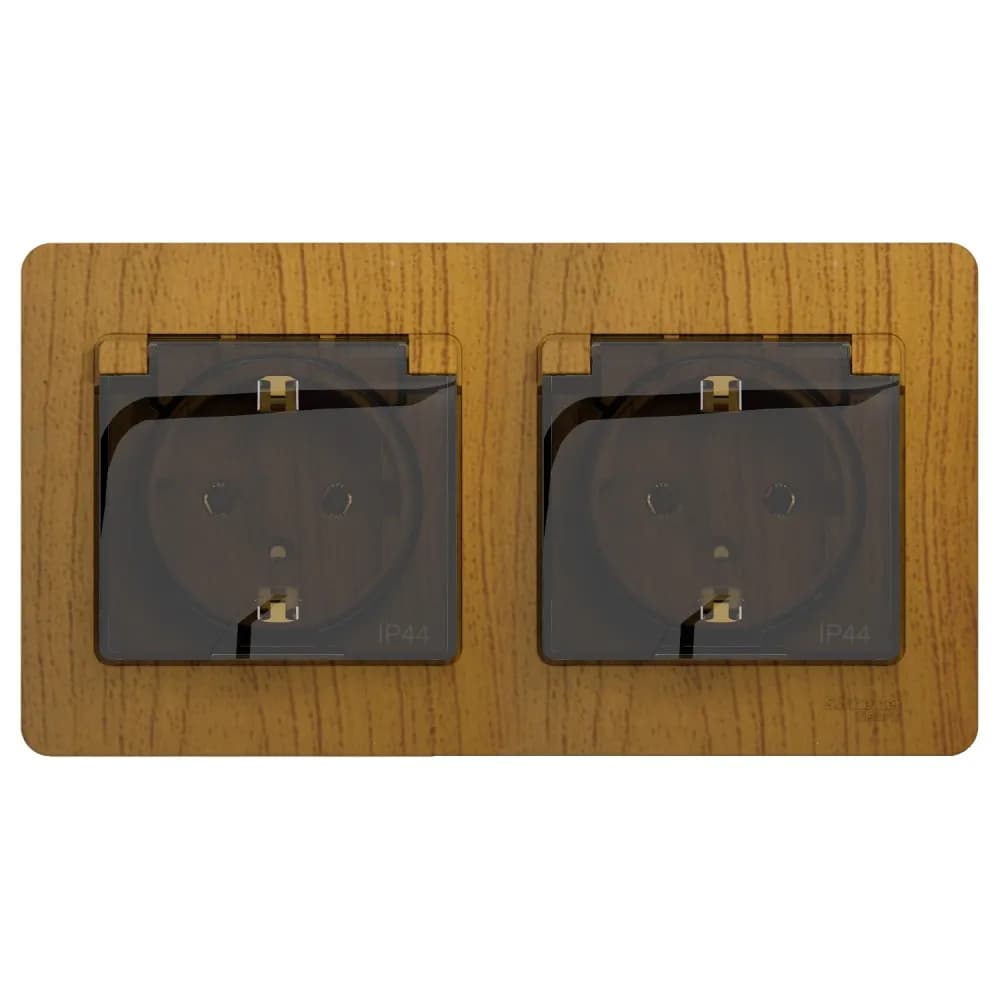 Розетка двойная силовая с заземлением, защитными шторками, крышкой и рамкой Systeme Electric (Schneider) Glossa, цвет дуб