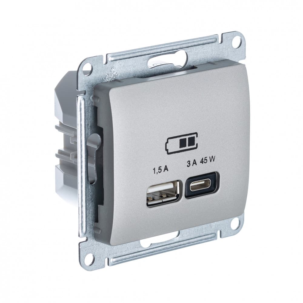 Розетка Schneider Electric Glossa цвет платина с портами USB Type-A и Type-C GSL001229