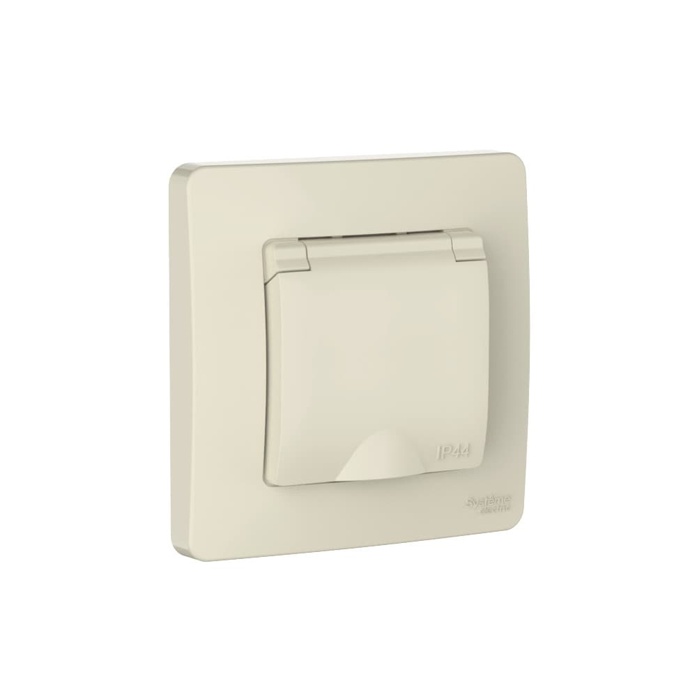 Розетка с заземлением, защитными шторками и крышкой Systeme Electric Blanca BLNRS441112, цвет молочный, влагозащита, для ванной или улицы.