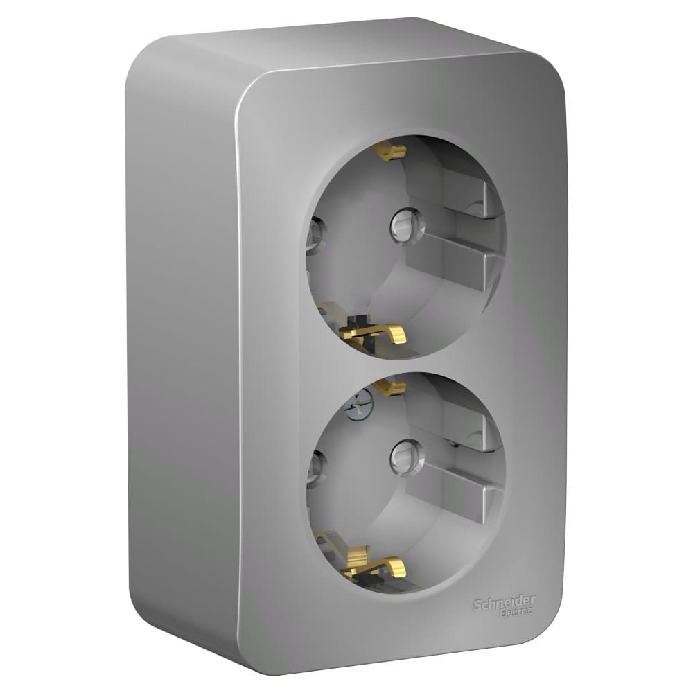 Розетка двойная с заземлением и защитными шторками Systeme Electric Blanca BLNRA011213, цвет алюминий, защита от детей, два разъема, металлический дизайн.