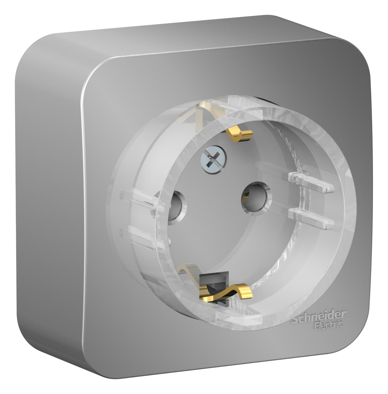 Розетка с заземлением Systeme Electric Blanca BLNRA110113, цвет алюминий, с заземляющим контактом, металлизированный корпус, скрытый монтаж.