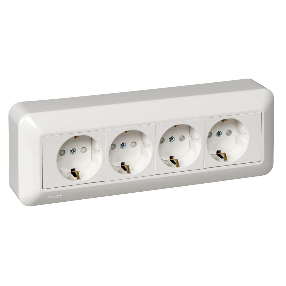 Розетка четверная с заземлением и защитными шторками Systeme Electric Blanca RA16-411M-B, цвет белый, защита от детей, четыре разъема с заземлением