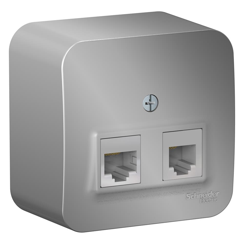 Розетка двойная комбинированная телефонная и компьютерная Systeme Electric Blanca BLNIA045113, цвет алюминий, разъемы RJ11 и RJ45, металлический дизайн.
