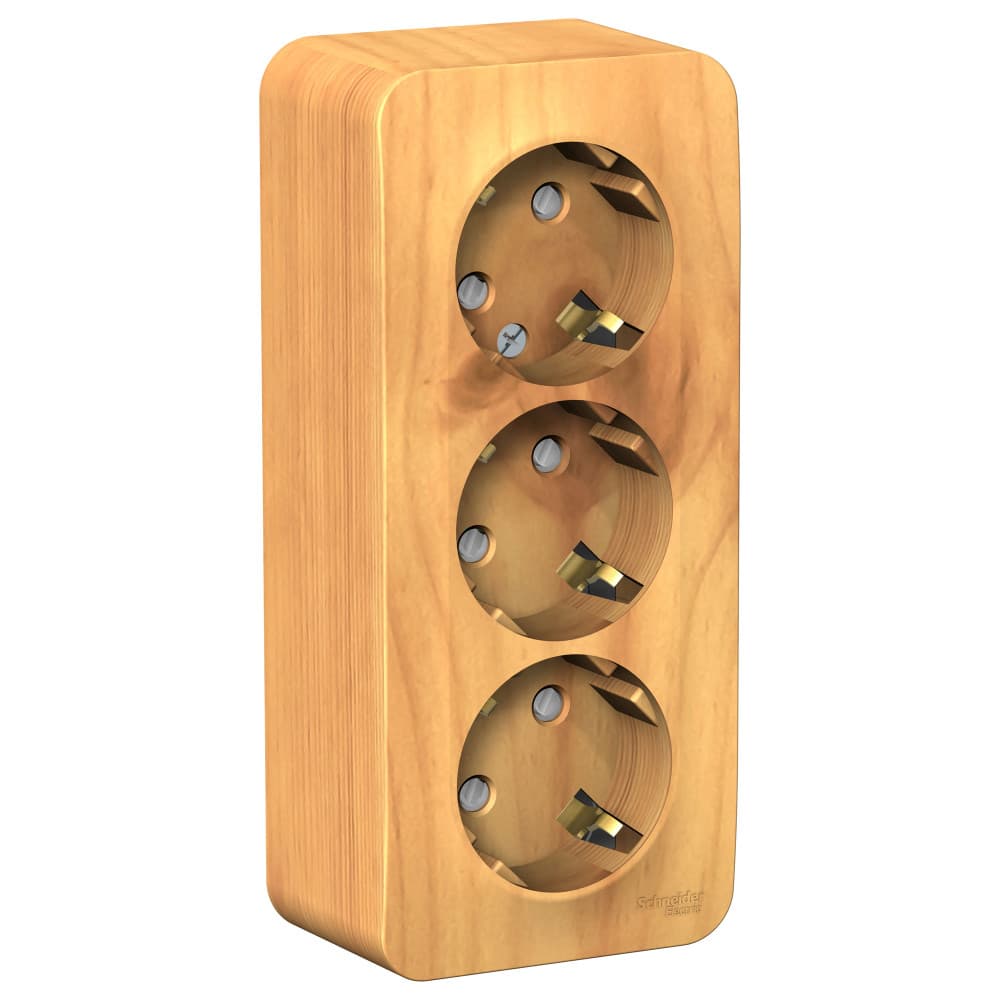 Розетка тройная с заземлением и защитными шторками Systeme Electric Blanca BLNRA011315, цвет ясень, накладная открытой установки, безопасность для детей, изолирующая пластина.