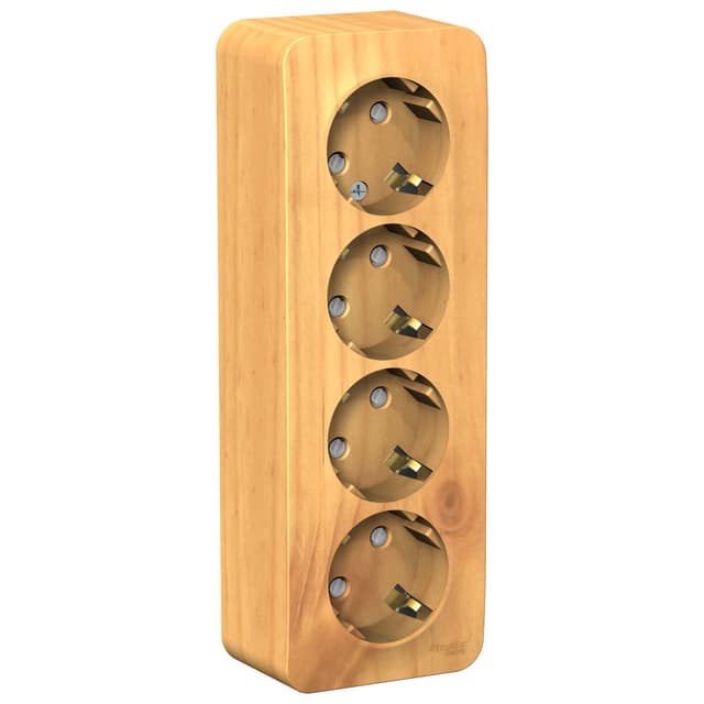 Розетка четверная с заземлением и защитными шторками Systeme Electric Blanca BLNRA011415, цвет ясень, накладная открытой установки, безопасность для детей, изолирующая пластина.