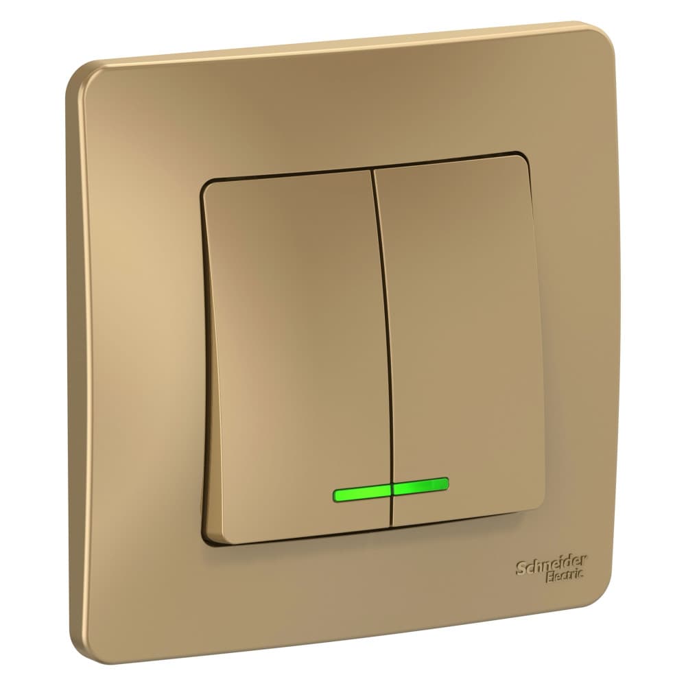 Выключатель двухклавишный с подсветкой Systeme Electric Blanca BLNVS010514, цвет титан, светящиеся клавиши, управление двумя линиями освещения.