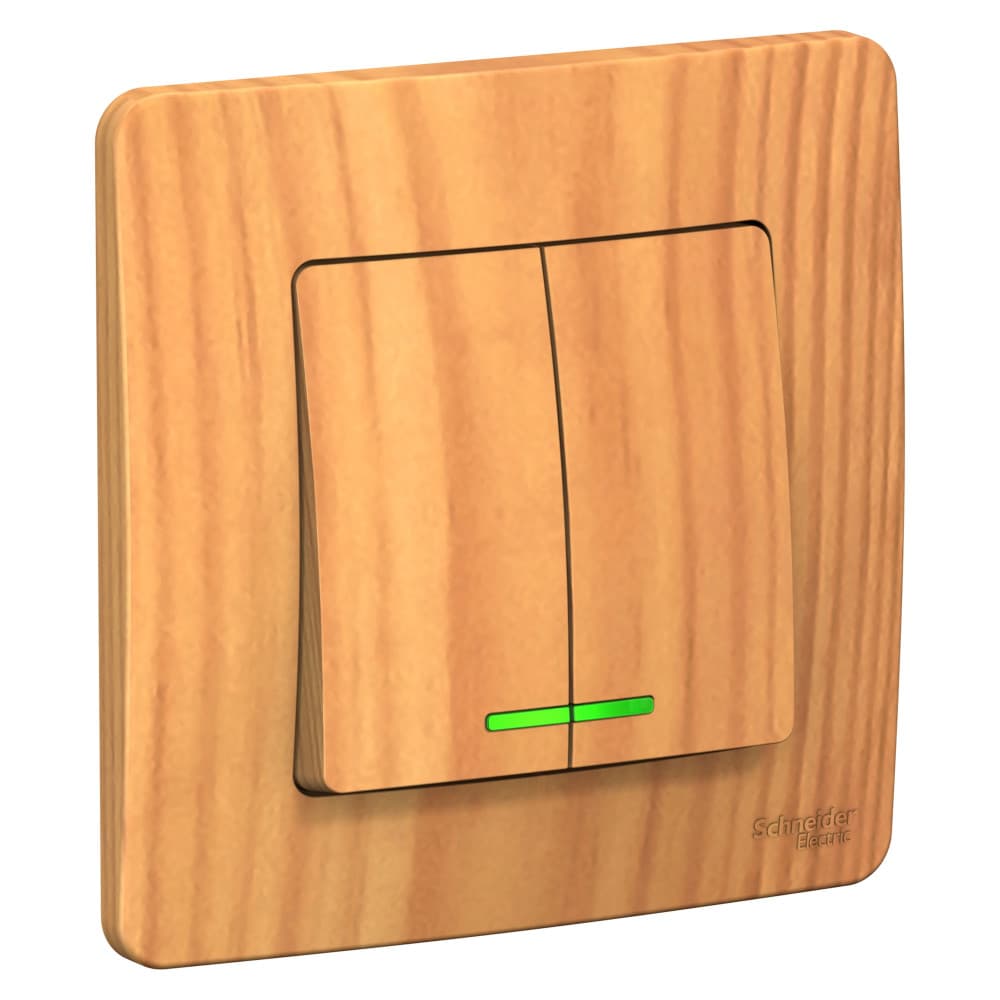 Выключатель двухклавишный с подсветкой Systeme Electric Blanca BLNVS010515, цвет ясень, светящиеся клавиши, управление двумя группами света.