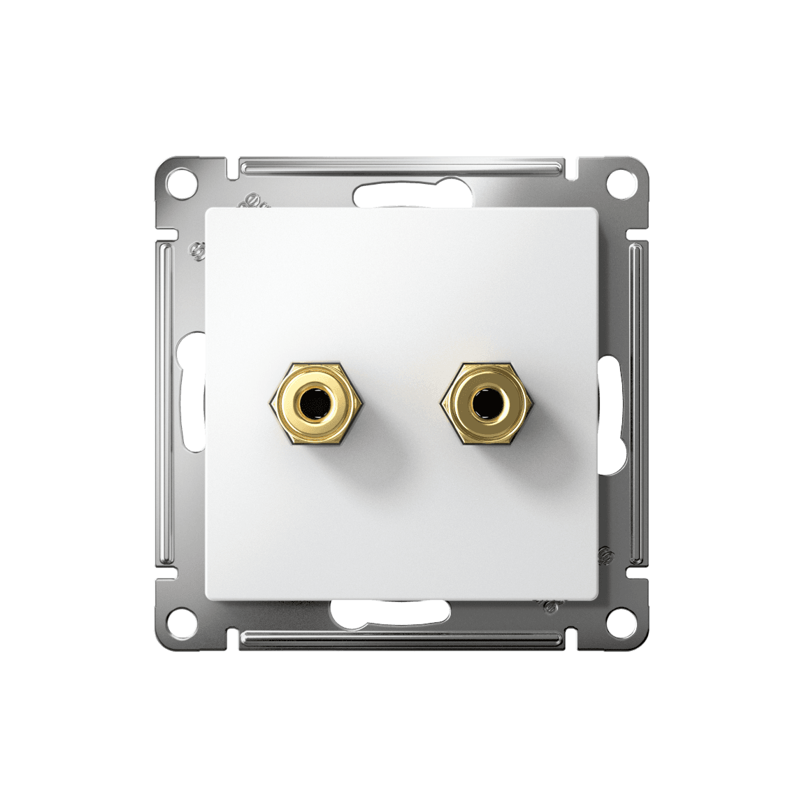 Розетка аудио двойная Systeme Electric AtlasDesign ATN000187, цвет белый, механизм с накладкой, разъемы RCA (тюльпан), для скрытого монтажа - вид спереди