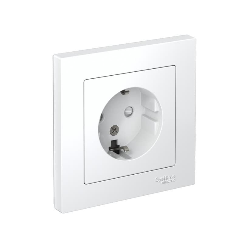 Розетка с заземлением, защитными шторками и рамкой Systeme (Schneider) Electric AtlasDesign ATN000144 (белый) - вид спереди