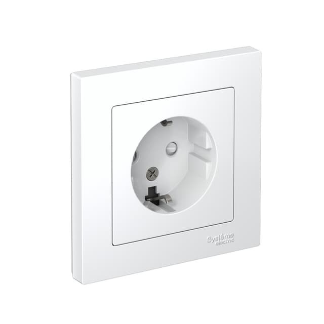 Розетка с заземлением, защитными шторками и рамкой Systeme (Schneider) Electric AtlasDesign ATN000144 (белый) - вид спереди