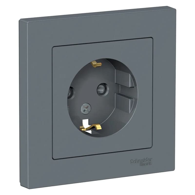 Комплект: розетка с заземлением и защитными шторками Systeme Electric AtlasDesign с рамкой, цвет графит