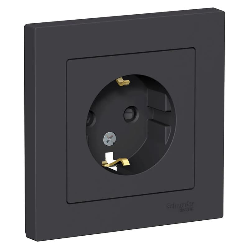 Розетка электрическая с заземлением и защитными шторками Systeme Electric AtlasDesign, цвет карбон