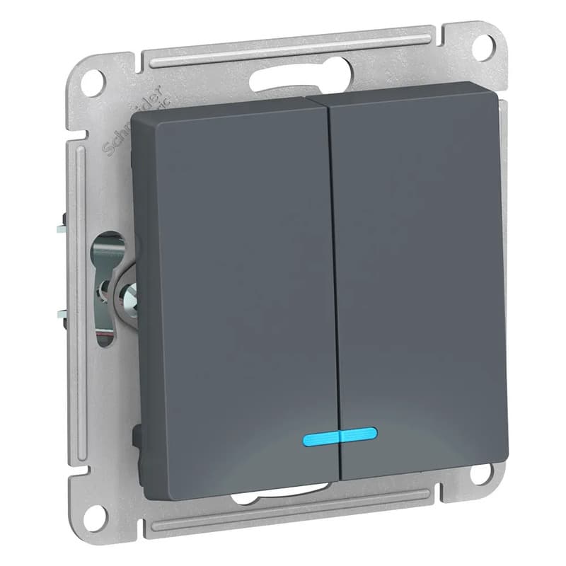 Выключатель двухклавишный с подсветкой Systeme Electric AtlasDesign, легко найти в темноте, цвет графит