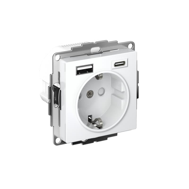 Розетка электрическая 16А с двумя портами USB Type-A и Type-C, быстрая зарядка, Systeme Electric AtlasDesign, белый цвет