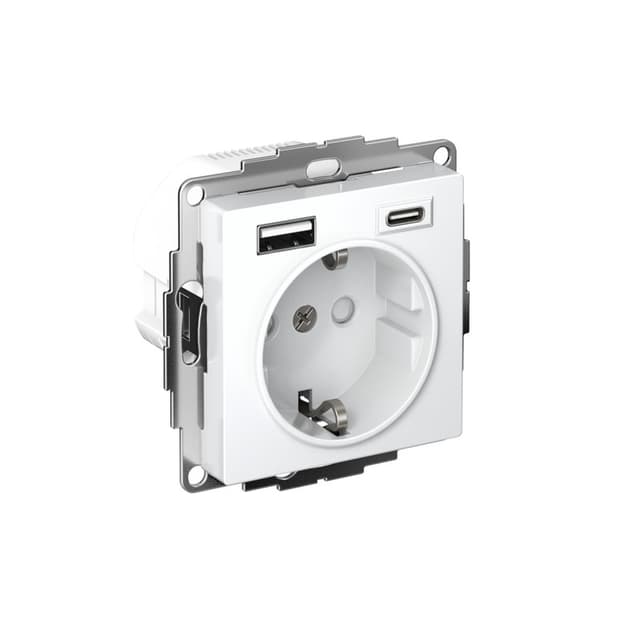 Розетка электрическая 16А с двумя портами USB Type-A и Type-C, быстрая зарядка, Systeme Electric AtlasDesign, белый цвет