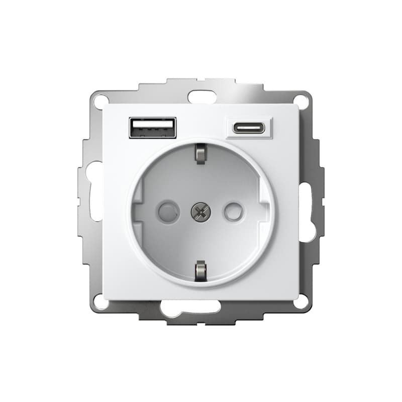 Розетка электрическая 16А с двумя портами USB Type-A и Type-C, быстрая зарядка, Systeme Electric AtlasDesign, белый цвет - вид прямо
