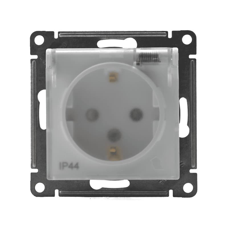 Влагозащищенная розетка с заземлением, защитными шторками и крышкой Systeme Electric AtlasDesign, цвет белый - вид спереди