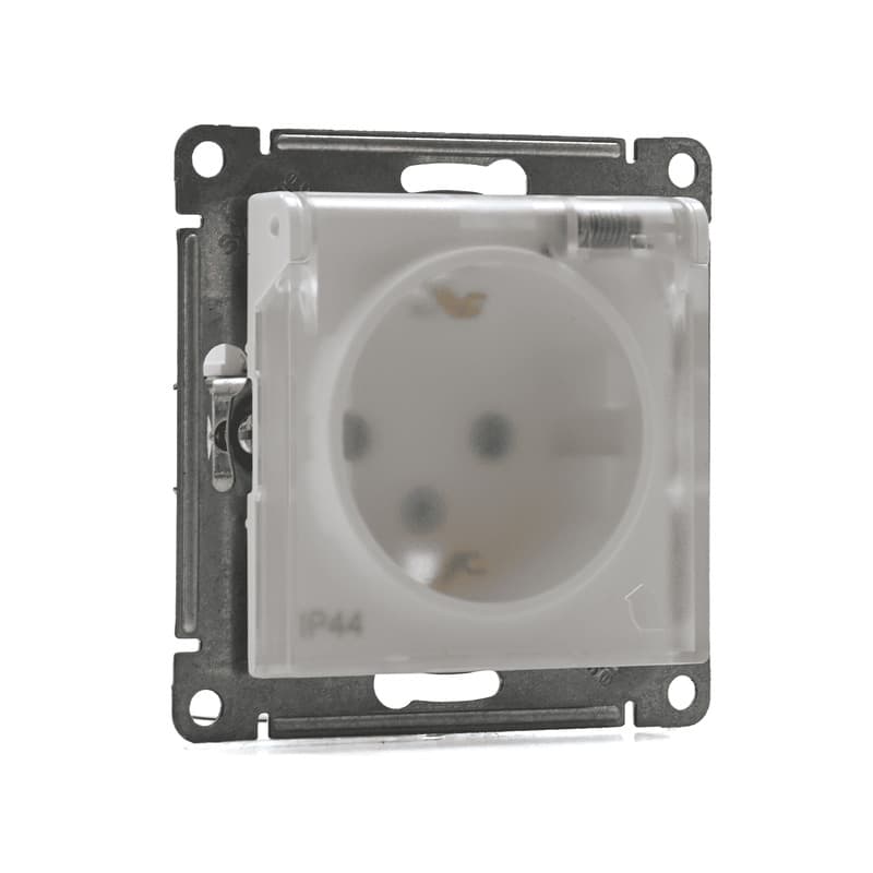 Влагозащищенная розетка с заземлением, защитными шторками и крышкой Systeme Electric AtlasDesign, цвет белый - вид сбоку крышка закрыта