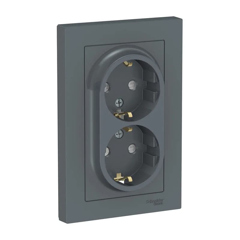Двойная розетка с заземлением и защитными шторками Systeme Electric AtlasDesign, цвет графит, безопасность для детей