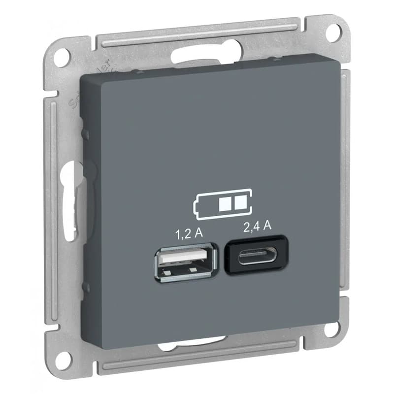 Розетка с портами USB Type-A и Type-C Systeme Electric AtlasDesign для зарядки устройств, цвет графит