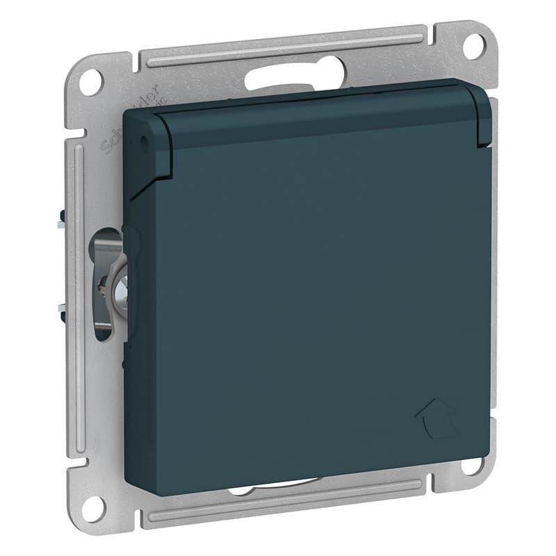 Розетка с заземлением защитными шторками и крышкой Schneider Electric AtlasDesign изумруд ATN000846