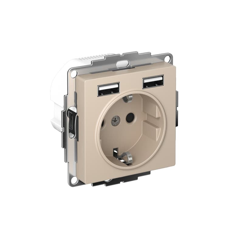 Розетка с заземлением защитными шторками и USB Type-A Schneider Electric AtlasDesign песочный ATN001230