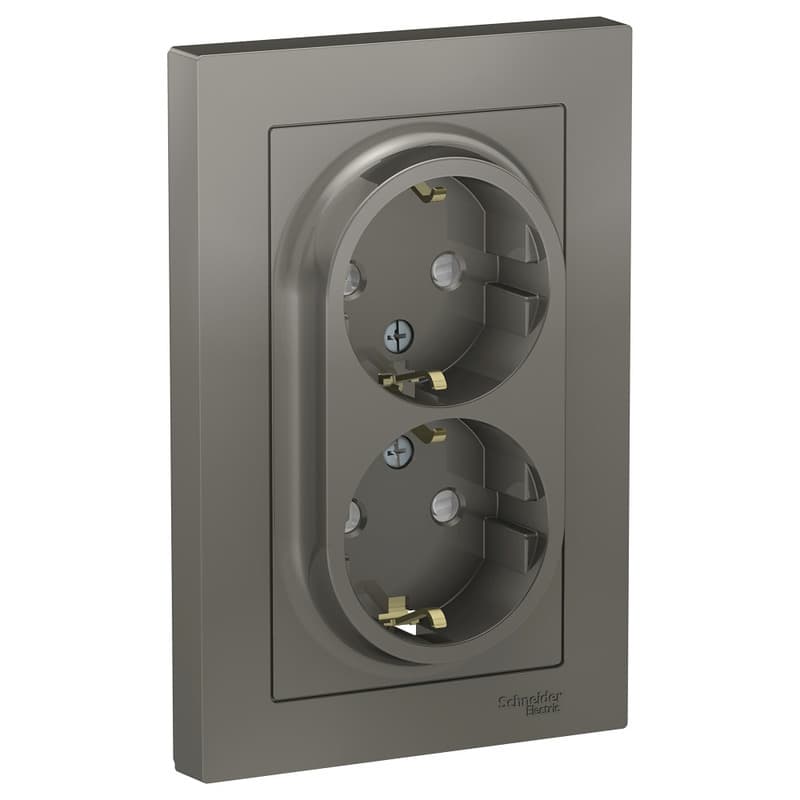 Розетка двойная с заземлением и защитными шторками Schneider Electric AtlasDesign сталь ATN000926