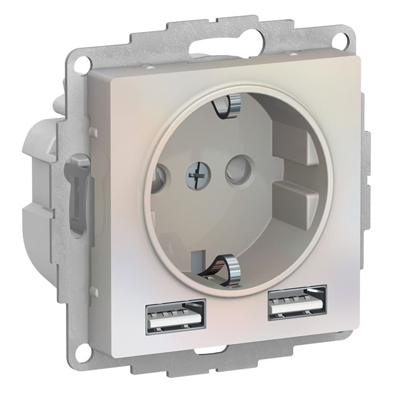 Розетка с заземлением защитными шторками и USB Type-A Schneider Electric AtlasDesign жемчуг ATN000430