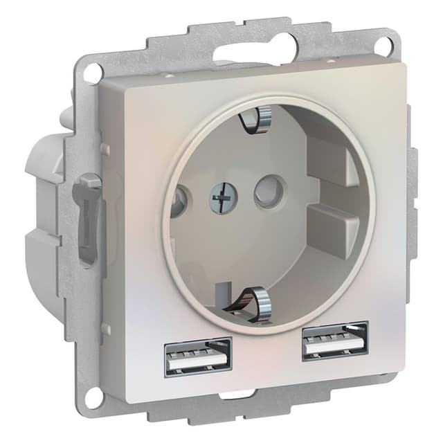 Розетка с заземлением защитными шторками и USB Type-A Schneider Electric AtlasDesign жемчуг ATN000430