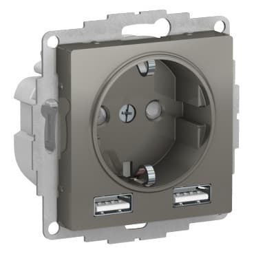 Розетка с заземлением защитными шторками и USB Type-A Schneider Electric AtlasDesign сталь ATN000930