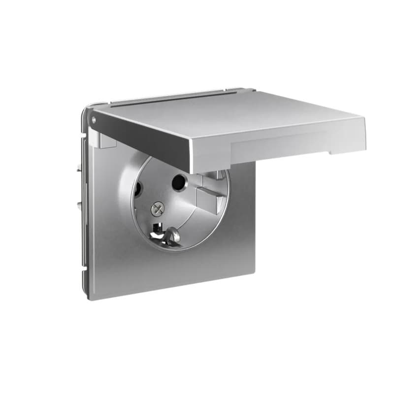 Дизайнерская влагозащищенная розетка с заземлением, шторками и крышкой Systeme Electric ArtGallery, цвет алюминий