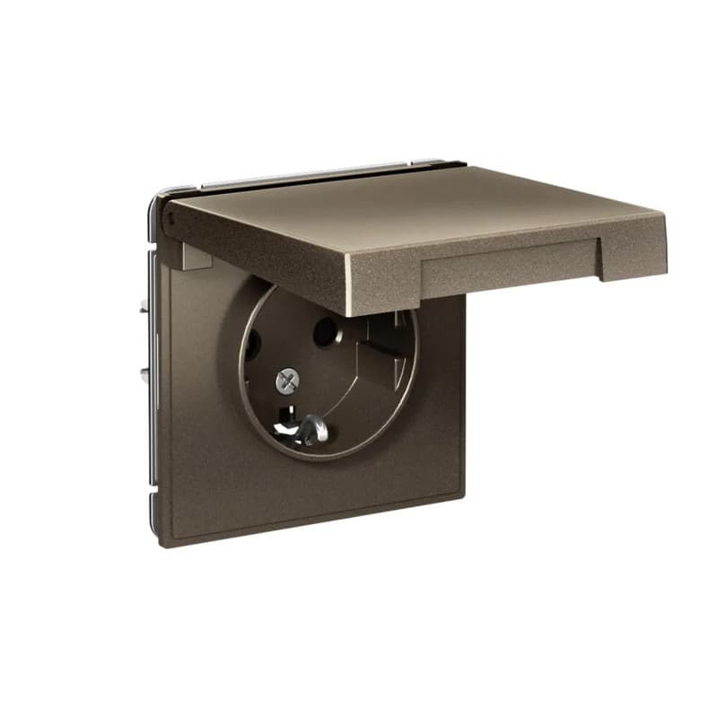Дизайнерская влагозащищенная розетка с заземлением, шторками и крышкой Systeme Electric ArtGallery, цвет мокко