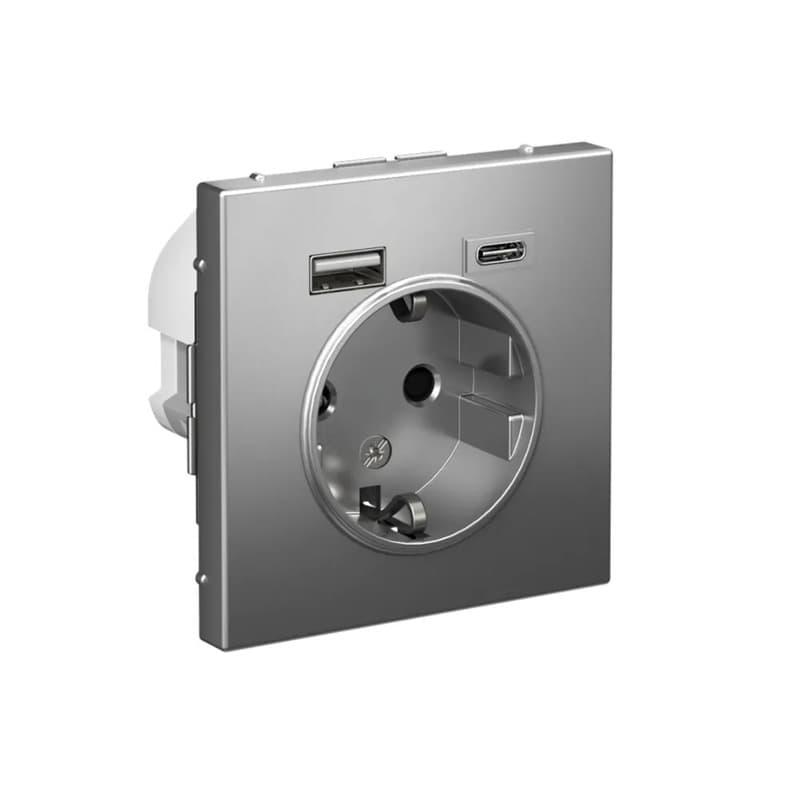 Дизайнерская розетка Systeme Electric ArtGallery с заземлением, защитными шторками и портами USB Type-A, Type-C, цвет сталь