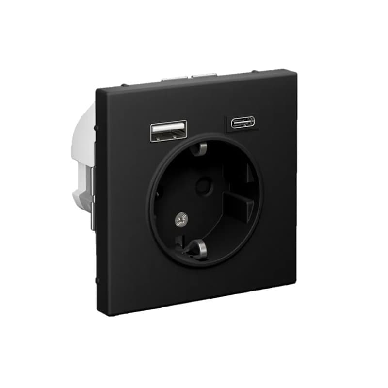Дизайнерская розетка Systeme Electric ArtGallery с заземлением, защитными шторками и портами USB Type-A, Type-C, цвет карбон