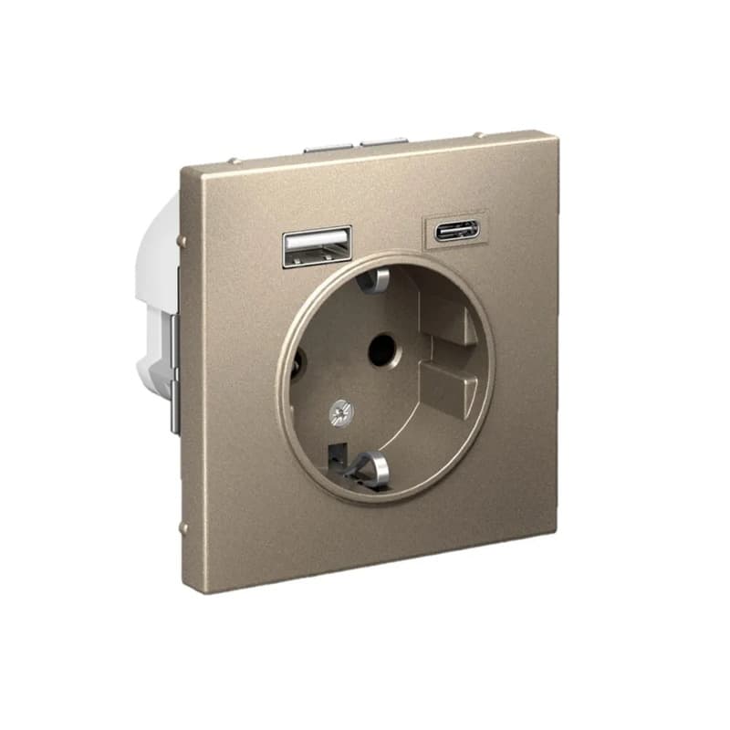 Дизайнерская розетка Systeme Electric ArtGallery с заземлением, защитными шторками и портами USB Type-A, Type-C, цвет шампань